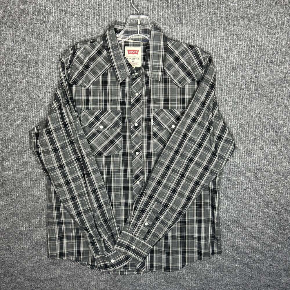 Levis Pearl Snap Shirt Mens Medium Black White Plaid Checker Long Western Rodeo